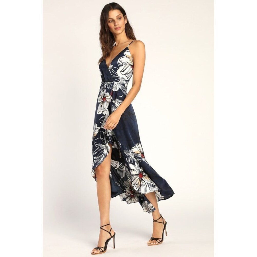 Lulus Seeking Chic Navy Blue Floral Print Ruffled Faux-wrap Midi Dress - Size S